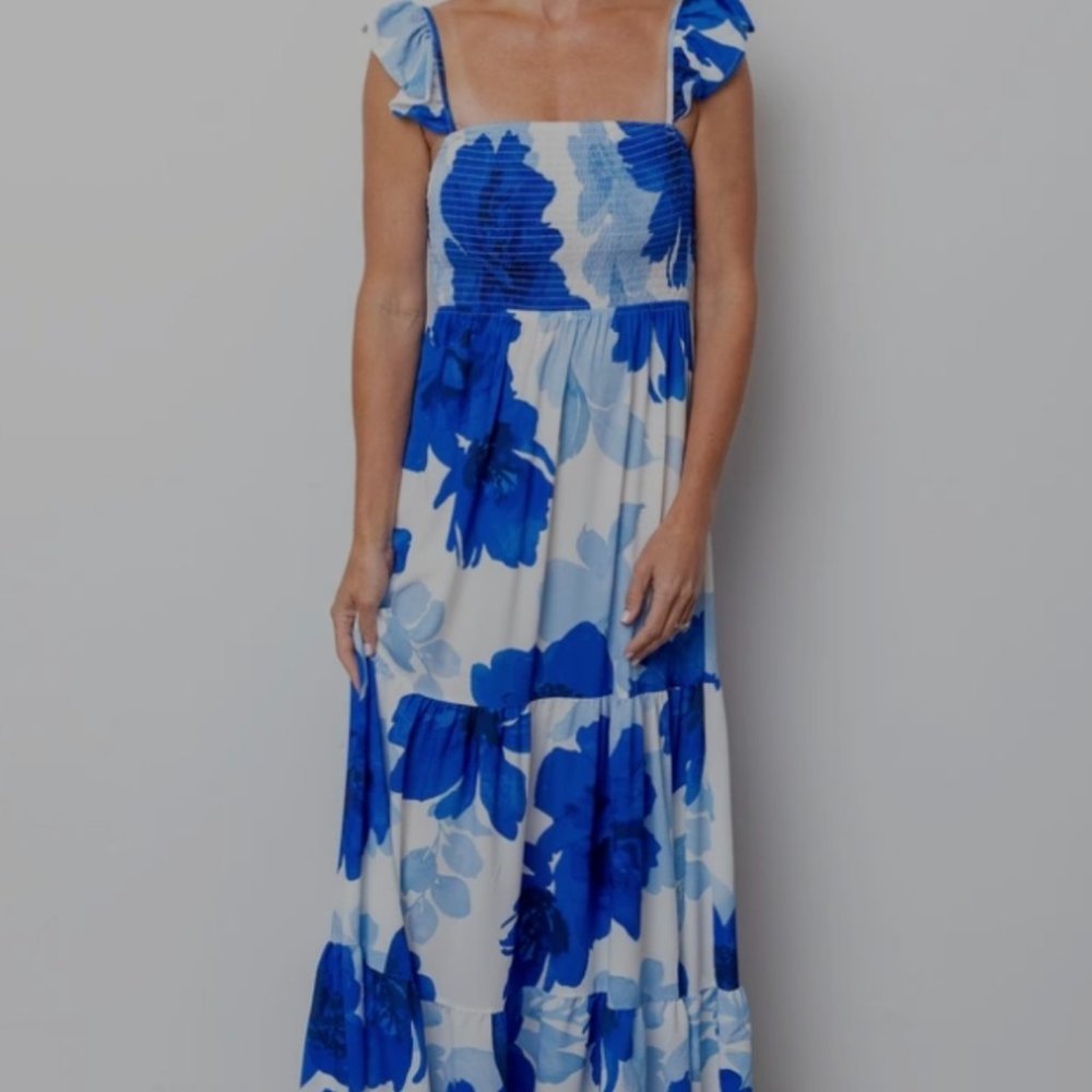Blue Floral Smocked Tiered Maxi Dress